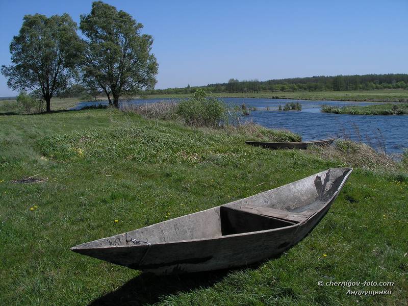 Деревянная лодка на берегу озера весной
