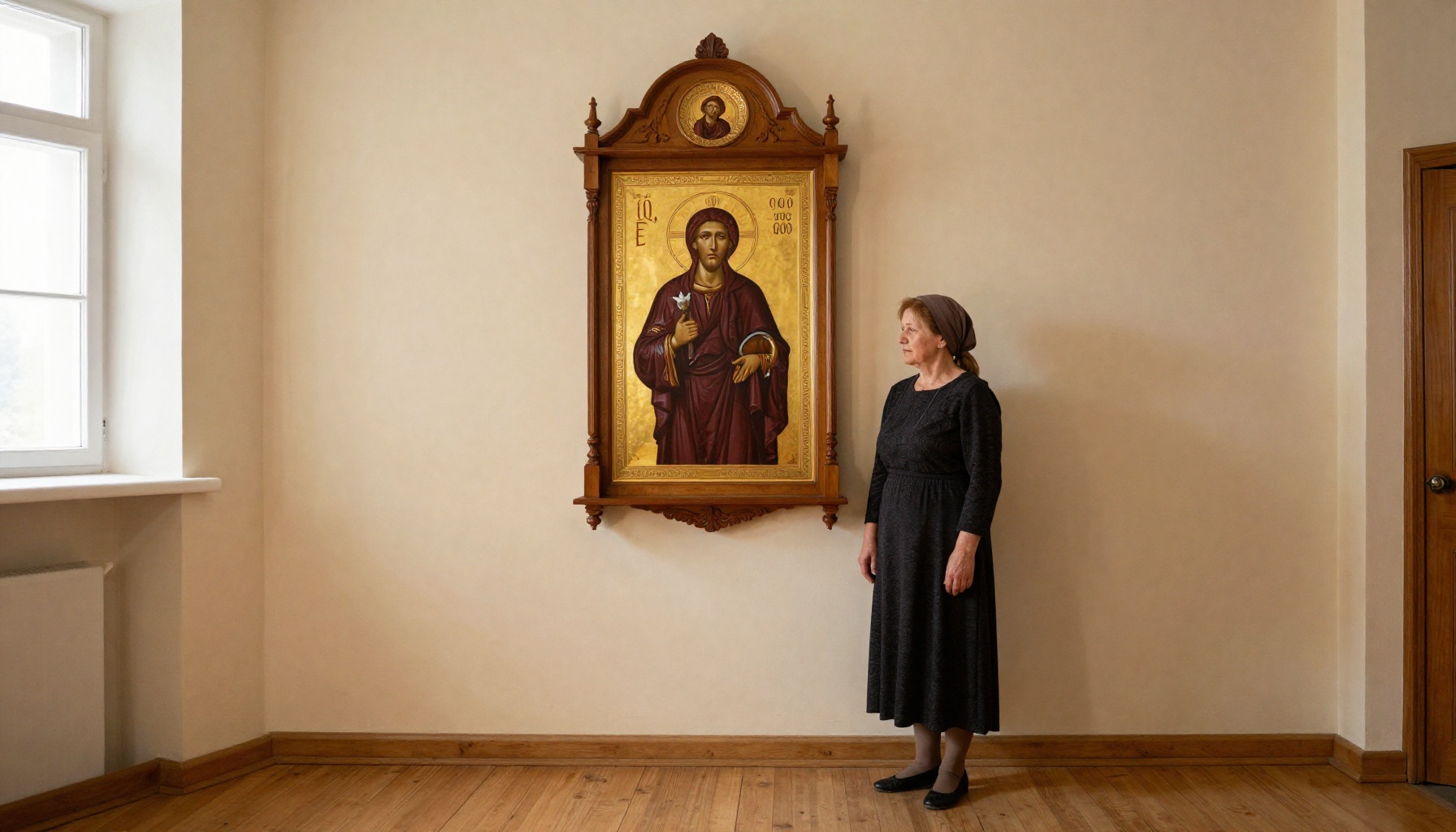 Икона среднего размера на стене небольшого храма с человеком рядом для показа масштаба