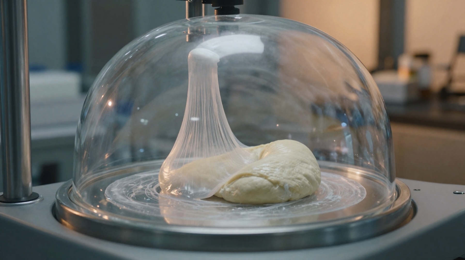 Аппарат альвеографа с растягивающимся тестом под стеклянным куполом в лаборатории